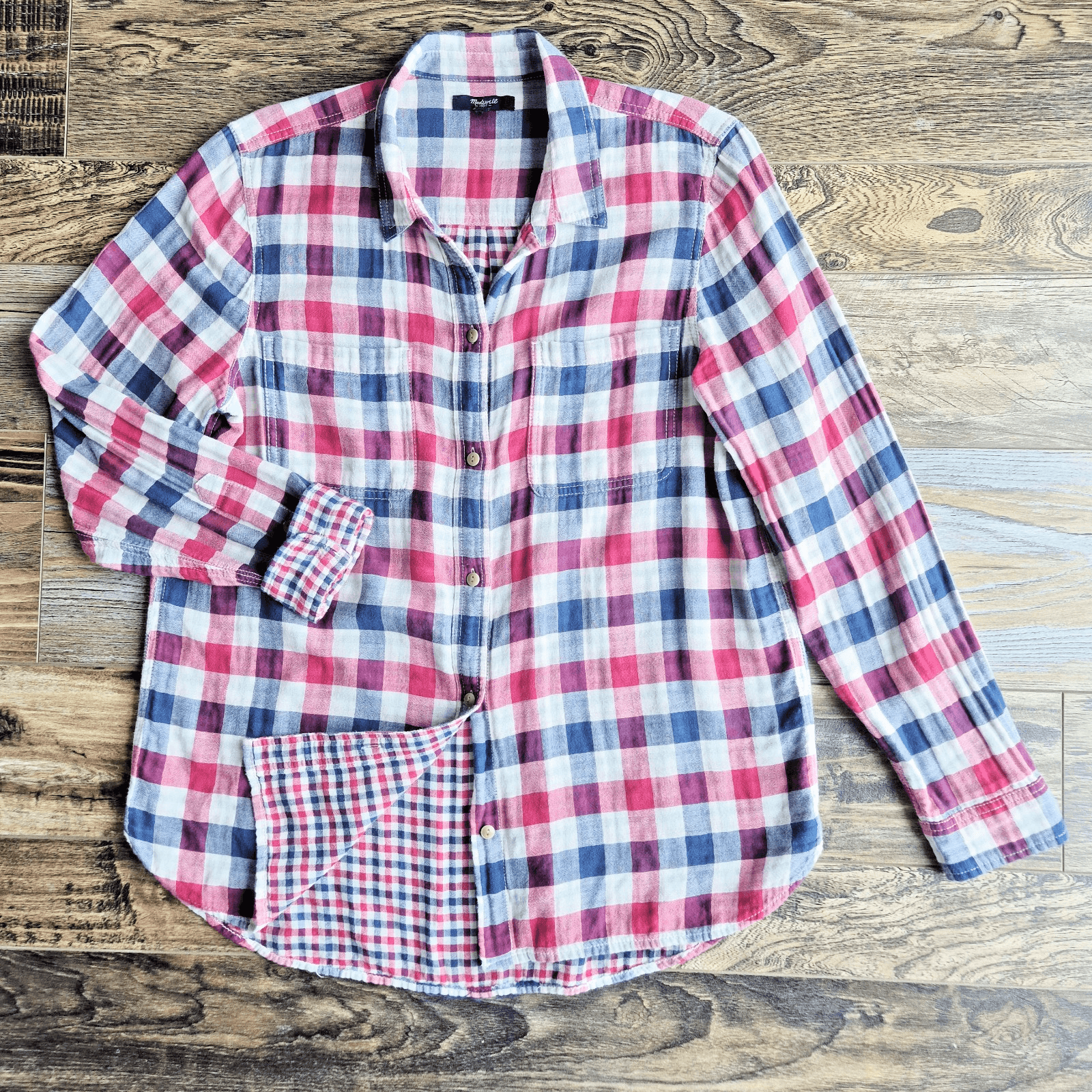 Madewell Ex-Boyfriend Emmett Double Gauze Flannel Shirt Plaid Red Blue Womens L