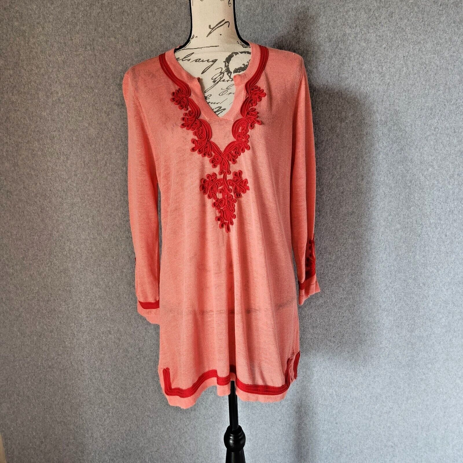Soft Surroundings Linen Blend Ribbon Embellishing Tunic Top Long Sleeve Coral PL