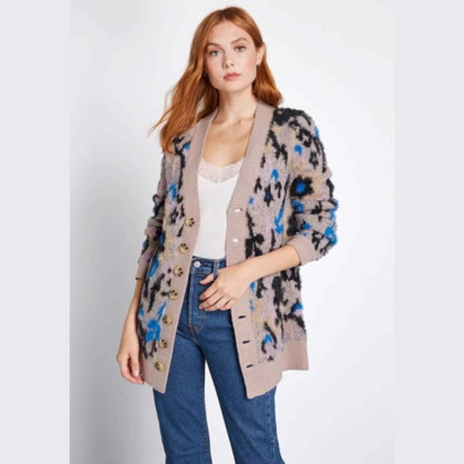 Modcloth A Fuzzing Feeling Oversized Cardigan V-Neck Button Floral Blue Tan Sz.L
