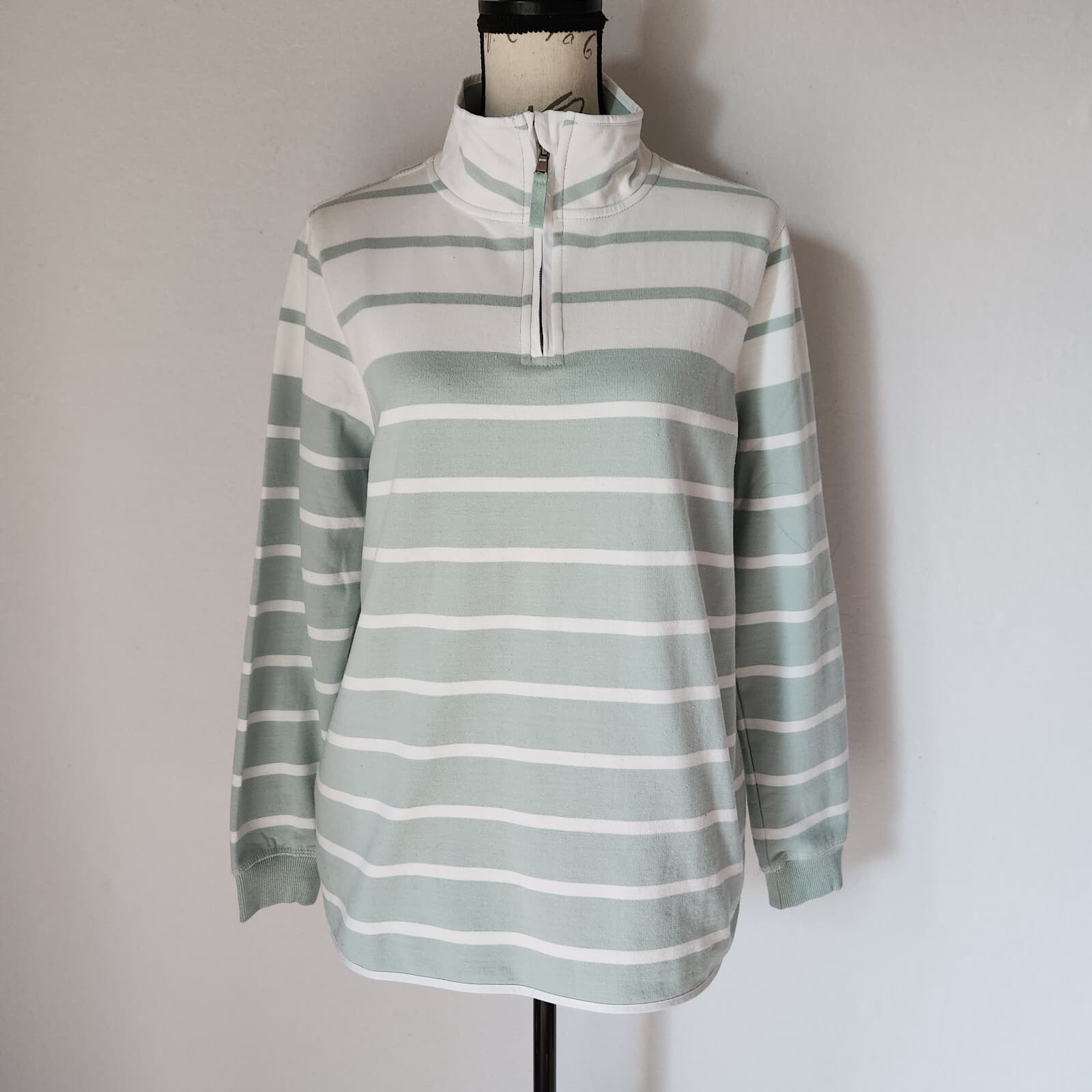 NWT WoolOvers Organic Cotton Half Zip Sweatshirt Mock Neck Duck Egg Stripe Sz.M