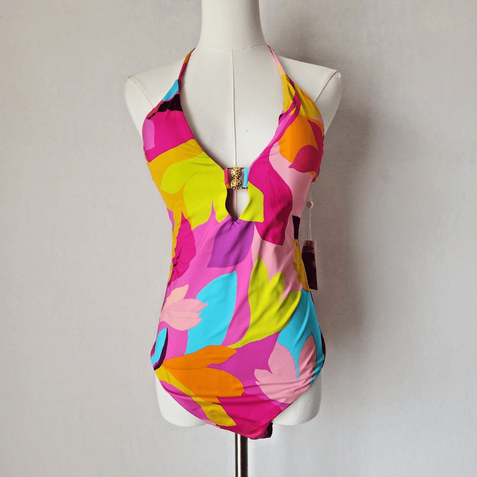 NWT TRINA TURK $172 Size 10 Lilleth Halter Plunge Multicolor One Piece Swimsuit