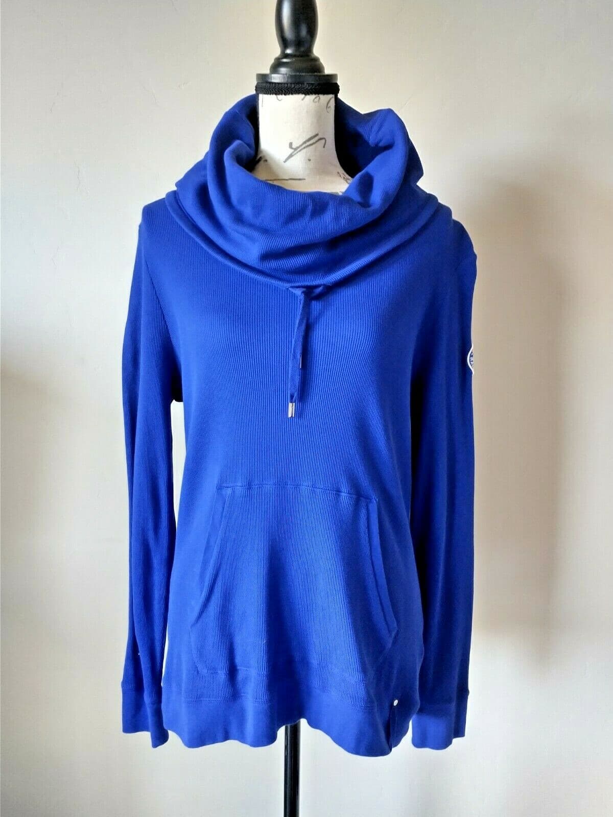Lauren Ralph Lauren Cotton Ripped Knit Hoodie Sweatshirt Kangaroo Pocket Blue L