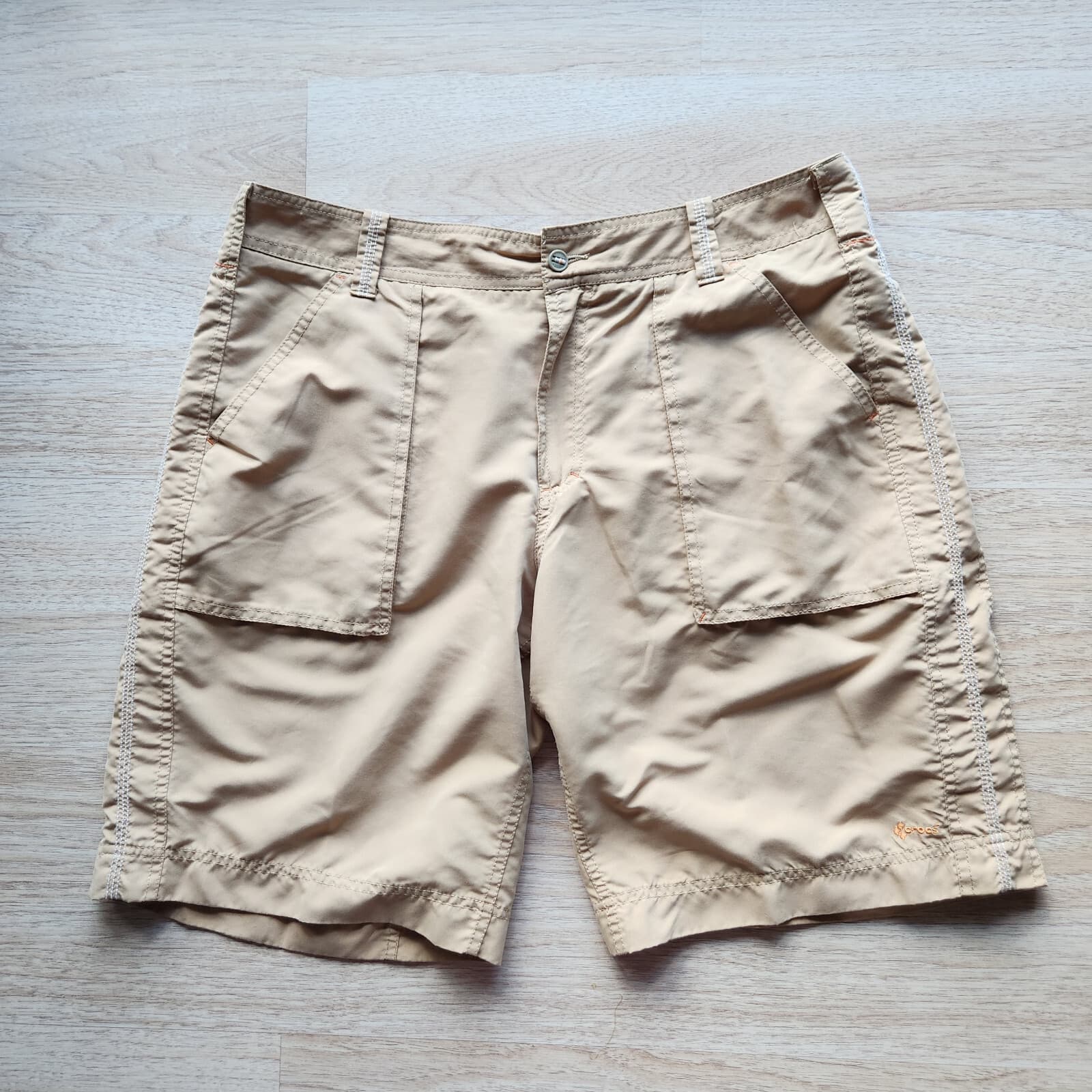 Vintage Crocs Chino Shorts Zip Pocket Polyester Sand Sz.36W Made in Hong Kong