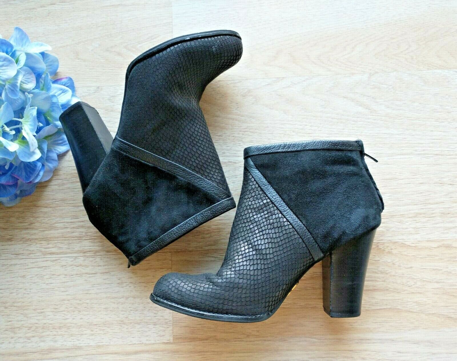 FOSSIL Suede Leather Heel Ankle Boots Back-Zipper Pattern-Black Women US8.5
