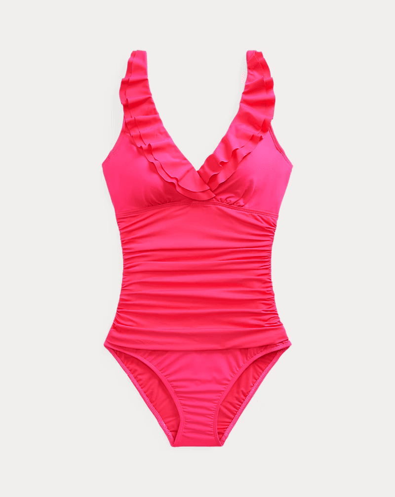 Lauren Ralph Lauren Ruffle Surplice V-Neck One-Piece Swimsuit Slimming Red Sz.10