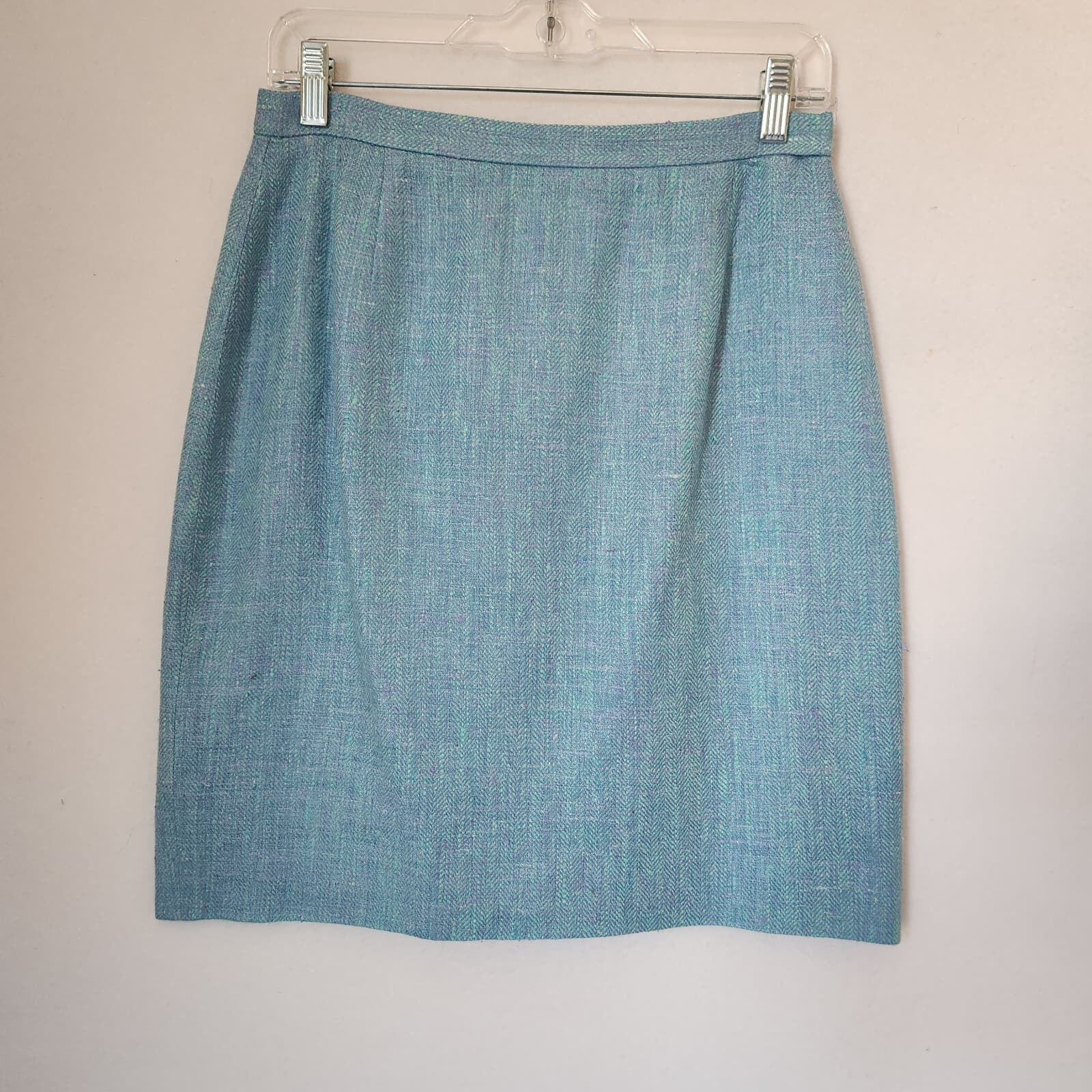 Vintage Burberry Made in USA Silk Linen Pencil Skirt Zip Atomic Fleck Blue Sz.10