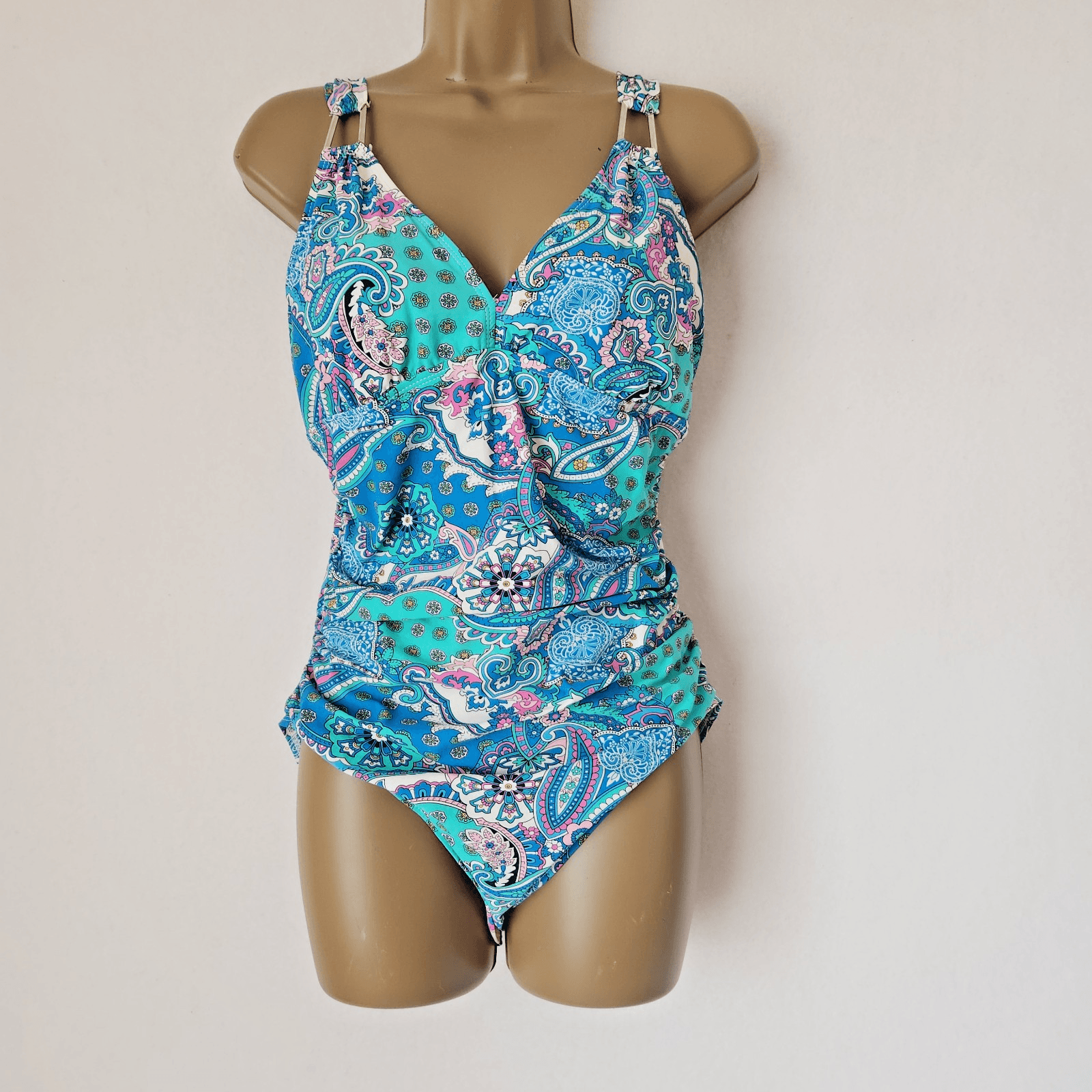 Spanx Love You Assets Sara Blakely One Piece Slimming Swimsuit Paisley Blue Sz.M