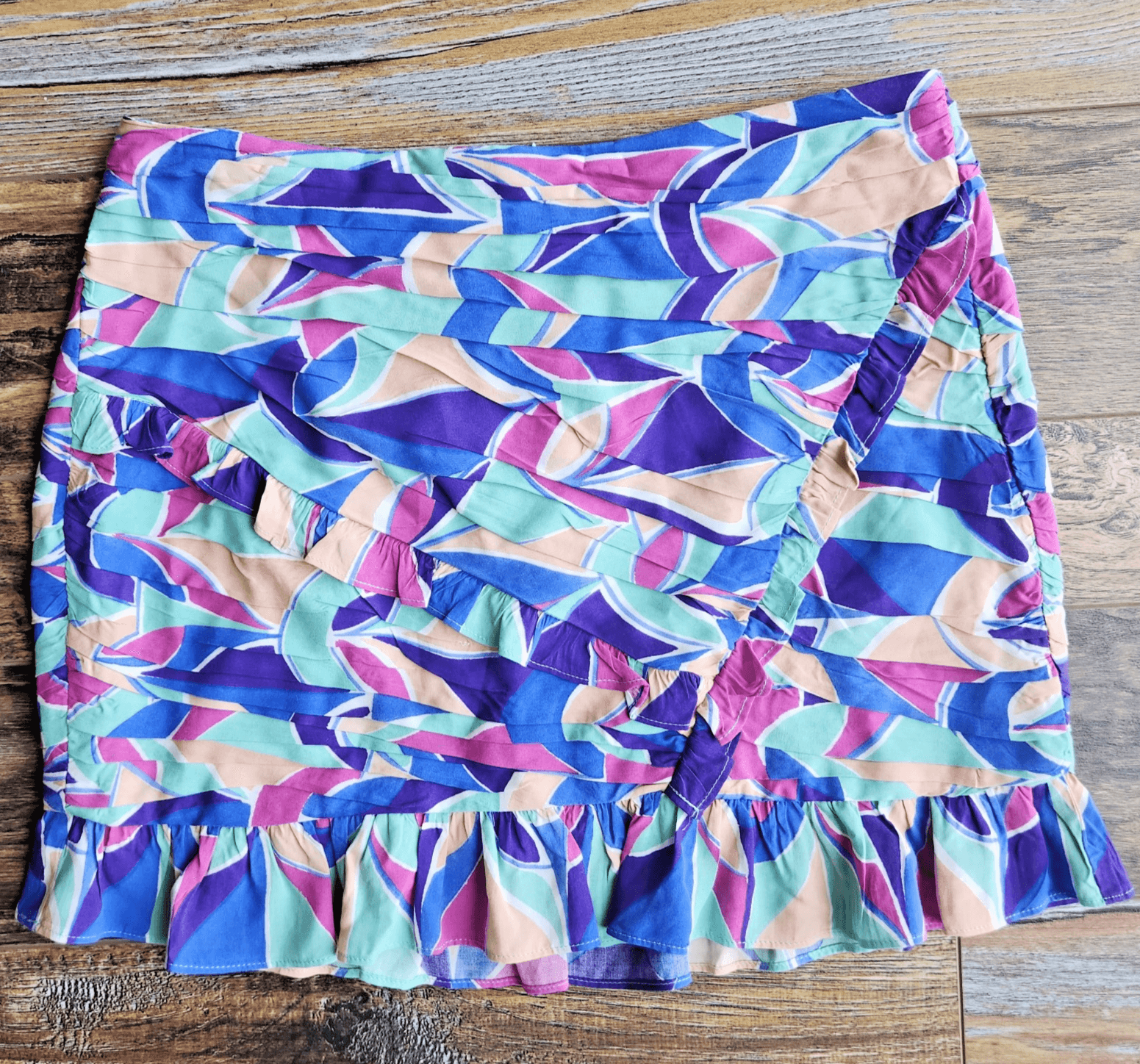 Zara Ruffle Pleated Mini Skirt Lined Multicolor Geo-Printed Viscose Women's M