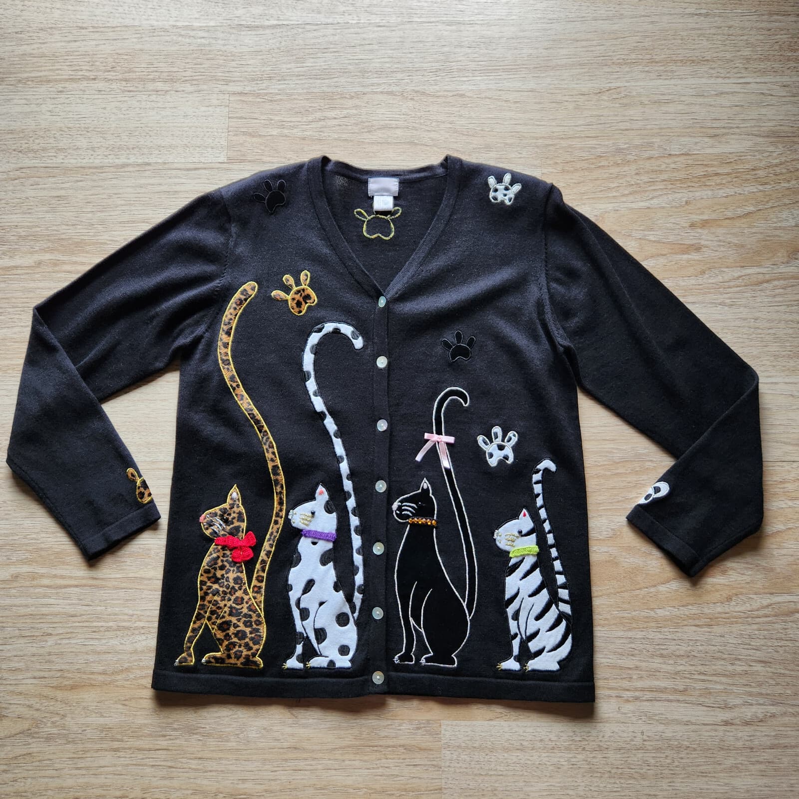 EUC Vintage Berek Cats Embroidered Ramie Blend Cardigan Button Black Women's L