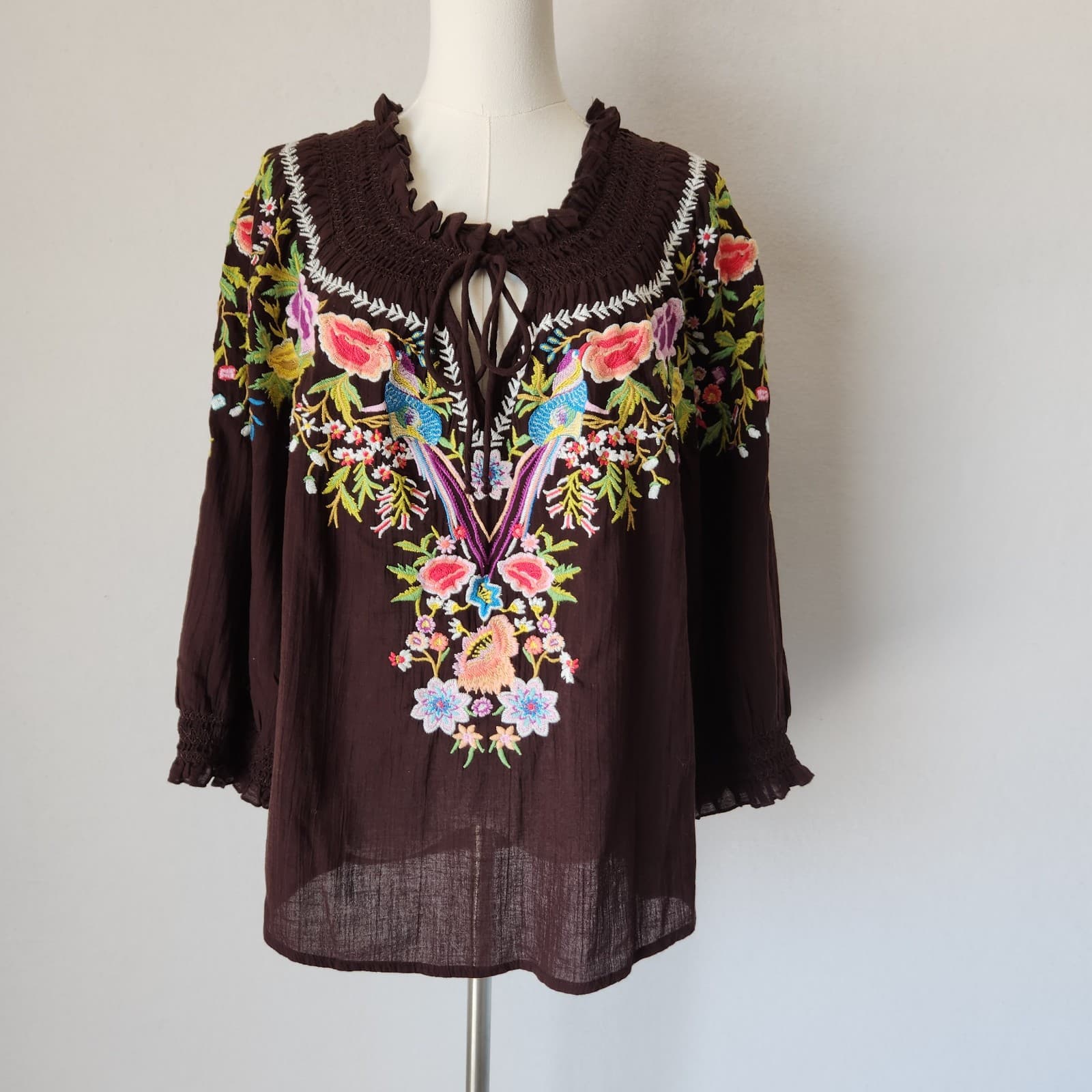 Sundance Amora Blooms Bird Floral Embroidered Boho Top Tassel Cotton Brown Sz.S