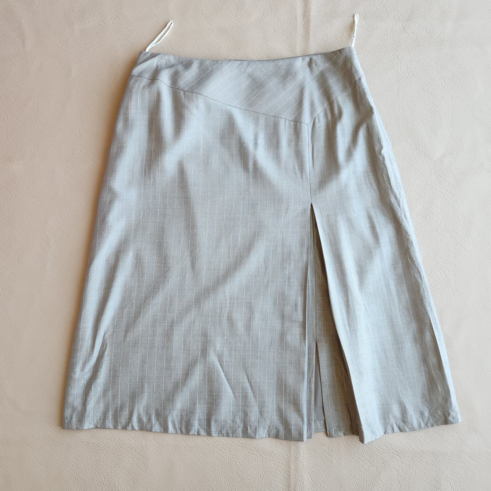 Lafayette 148 Wool Silk Work Career A-Line Skirt Front Slit Pin Stripe Grey 14