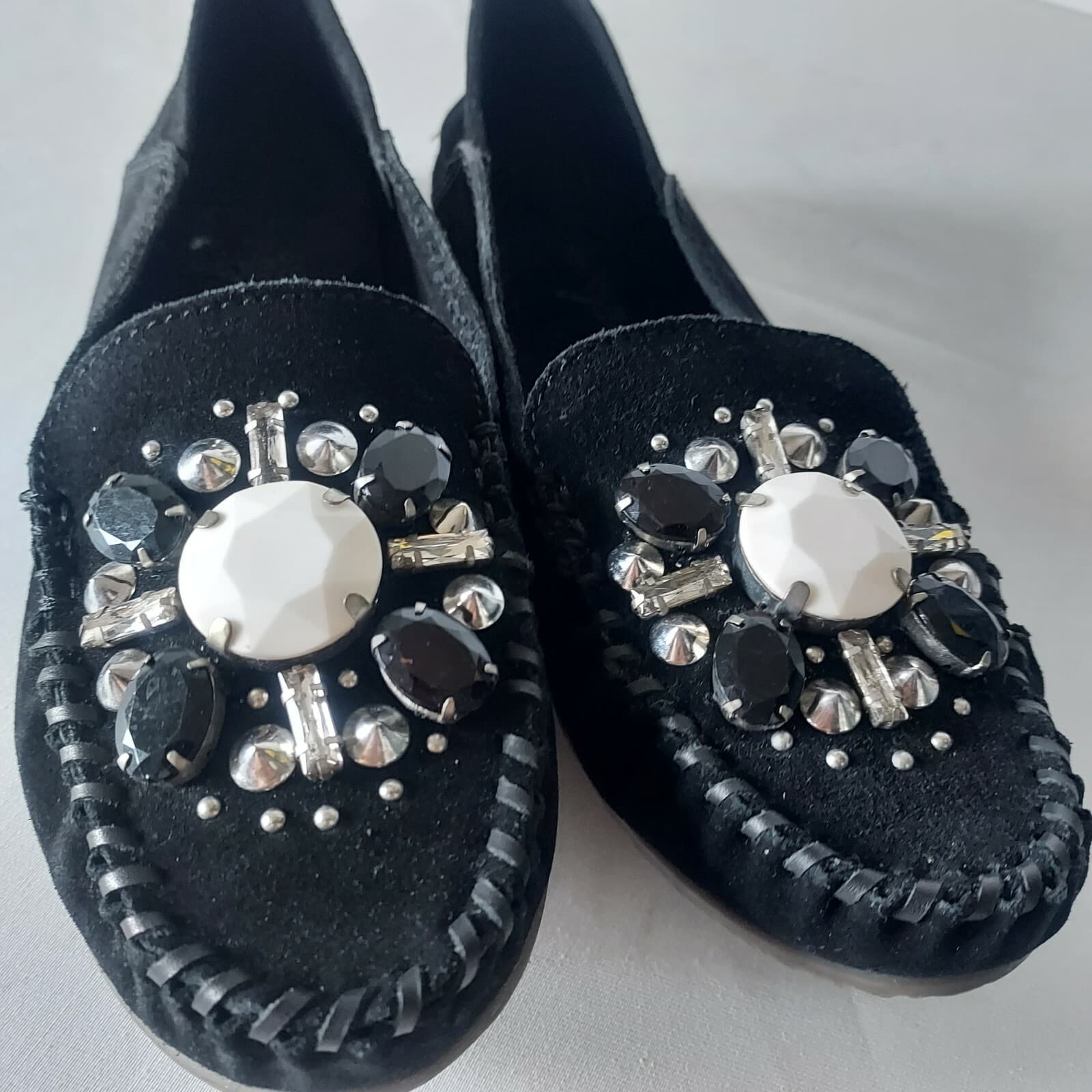 NWoB Free People Black Suede Crystal Embellished Loafer Flat Slip On Women EU39