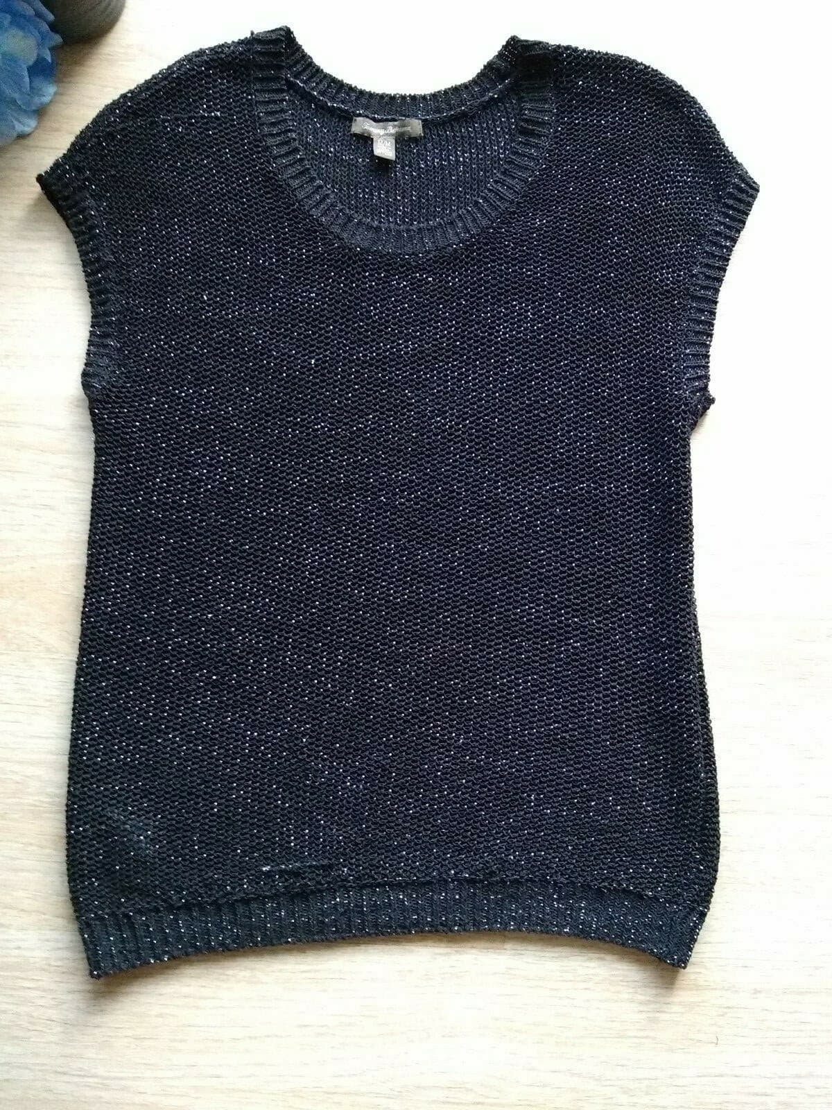 Tommy Bahama Cotton Blend Chunky Knit Top Blouse Sleeveless Black Metallic Sz.M