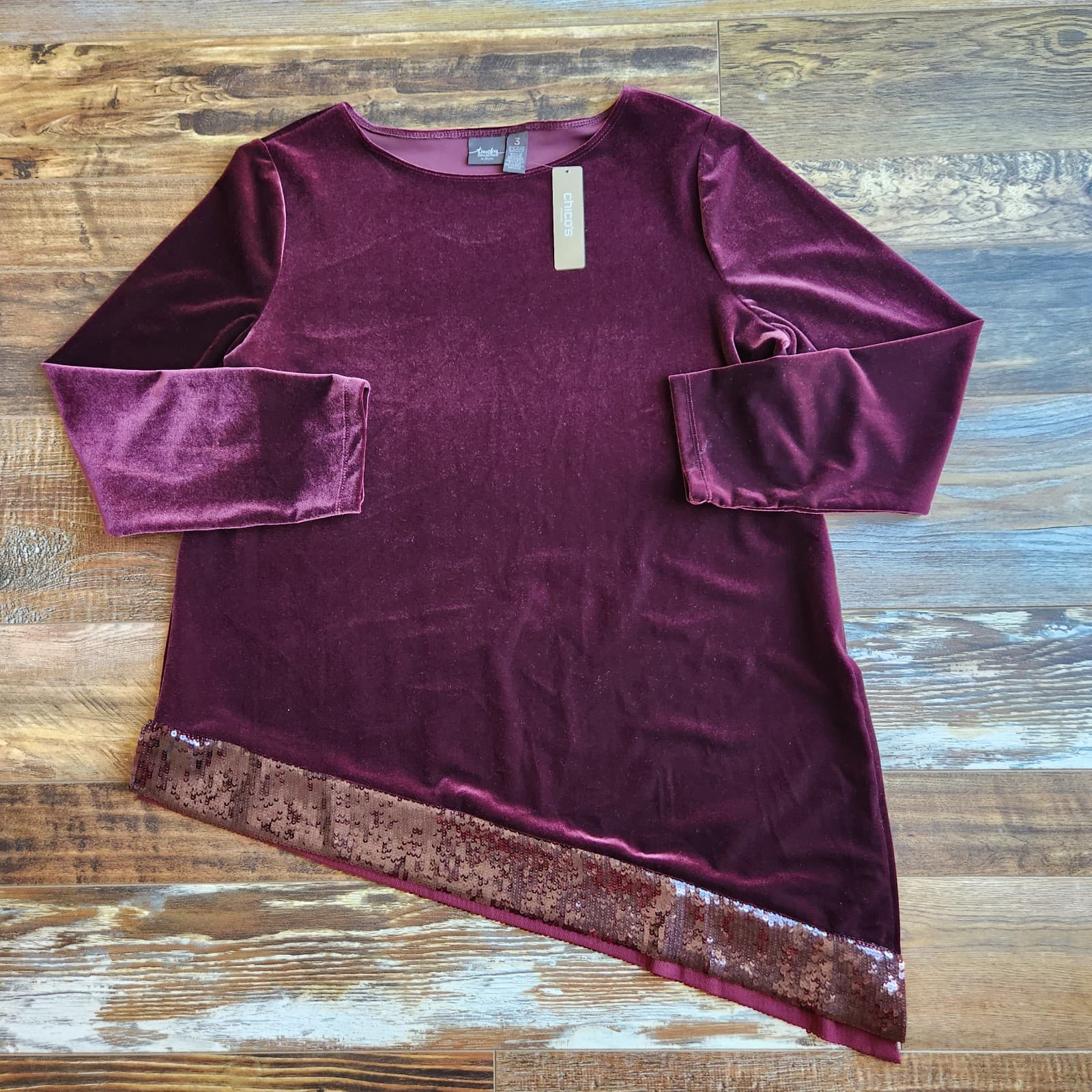 NWT Chico's Travelers Collection Velvet Sequin Trim Asymmetrical Top Red Sz.3