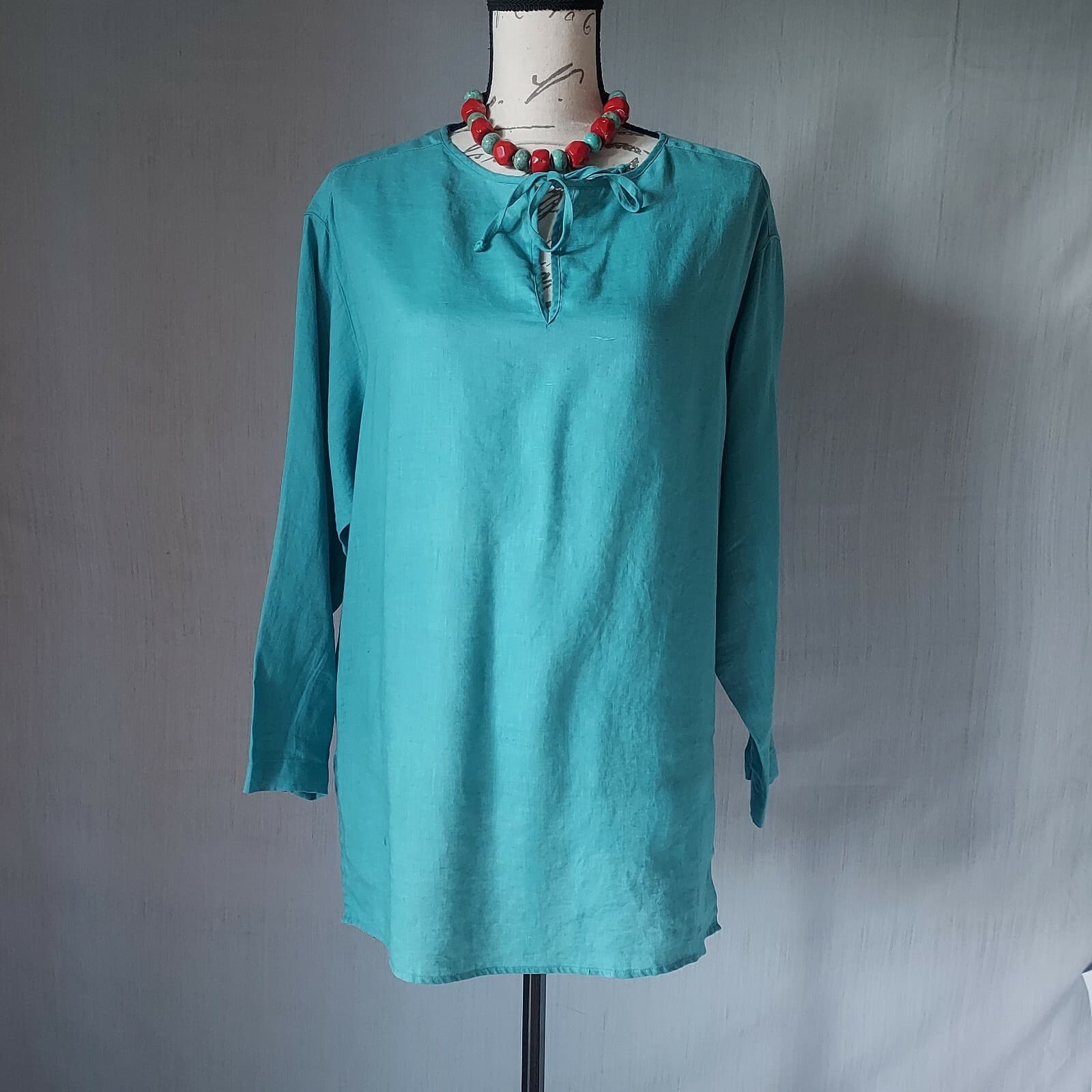 Vintage J.Crew Linen Tunic Top Long Sleeve Blue-Green Women M Made in Hong Kong