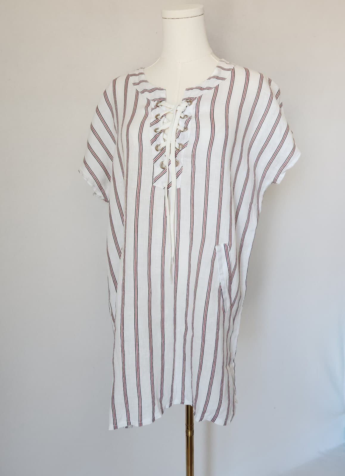 NWoT VIOLA BORGHI Made in Italy Linen Mini Dress Lace-Up Stripe White Brown Sz.L