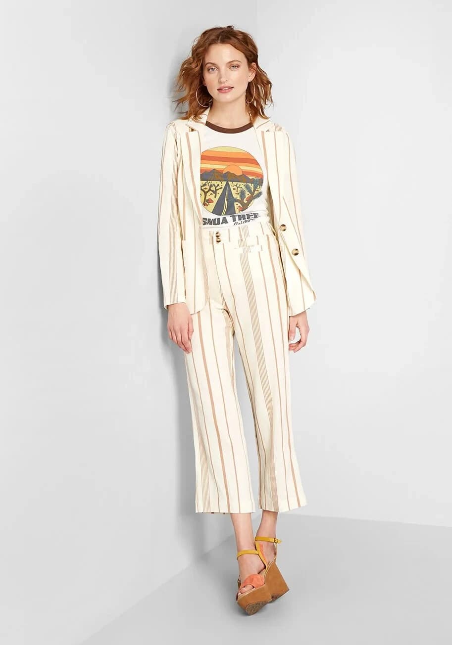 Modcloth New Opportunity 2 Piece Linen-Blend Blazer Pants Set Stripe Beige M-12