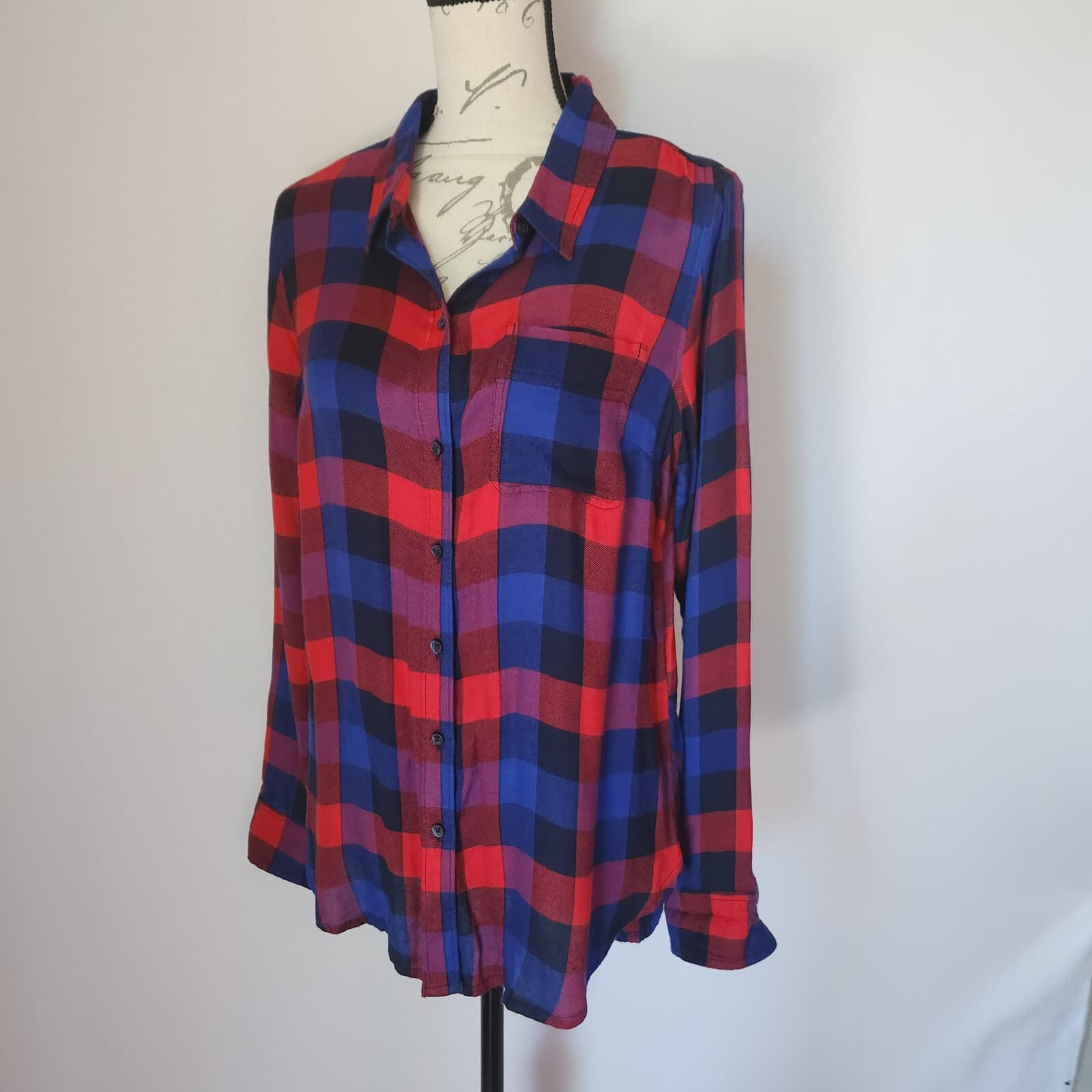 Lucky Brand Flannel Plaid Button-Up Shirt Back Split-Button Red Blue Women's M
