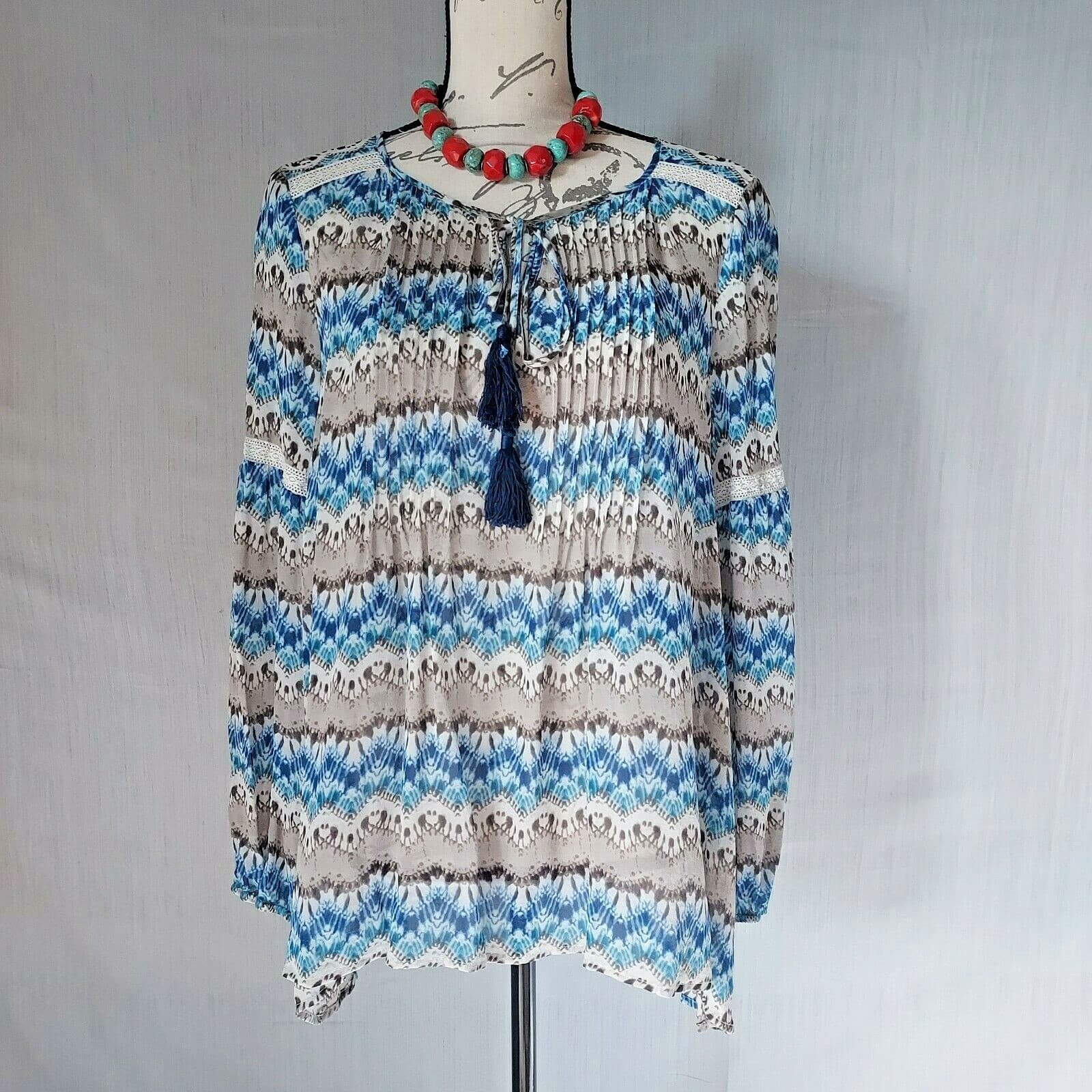 Sundance 100% Silk Pintuck Boho Blouse Tassel Long Sleeve Geo-Print Blue Sz.L