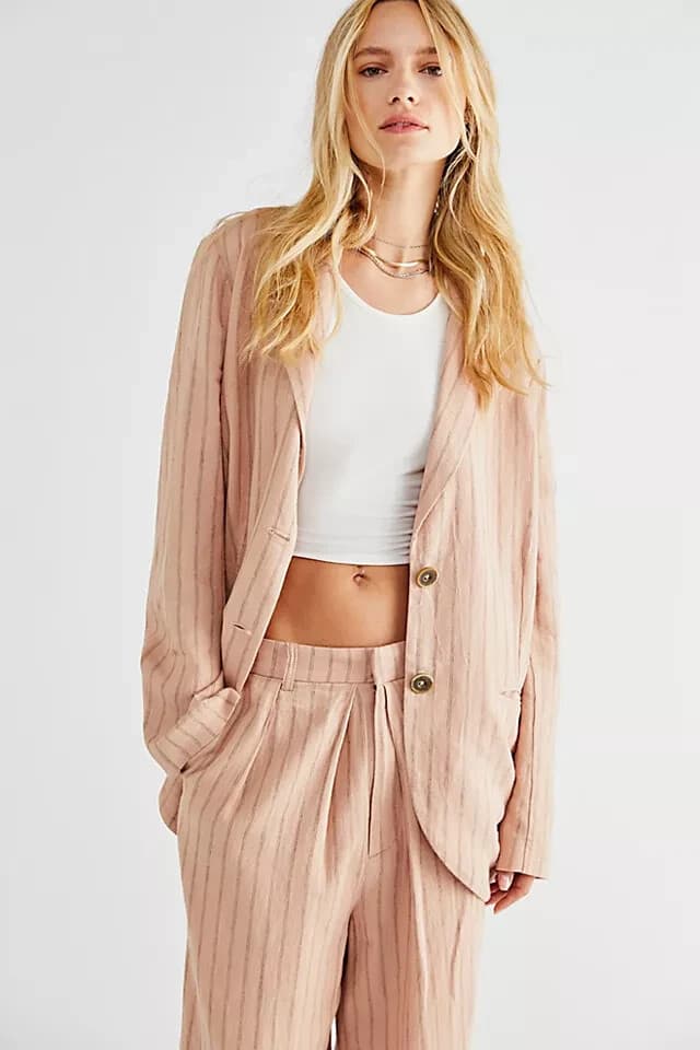 NWoT We The Free Linen Blend Slouchy Vida Blazer Button Strip Dusty Mauve Sz.S