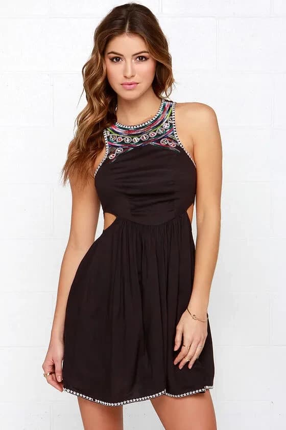 Billabong Sol Shining Embroidered Cut-Out Mini Dress Sleeveless Black Women's M