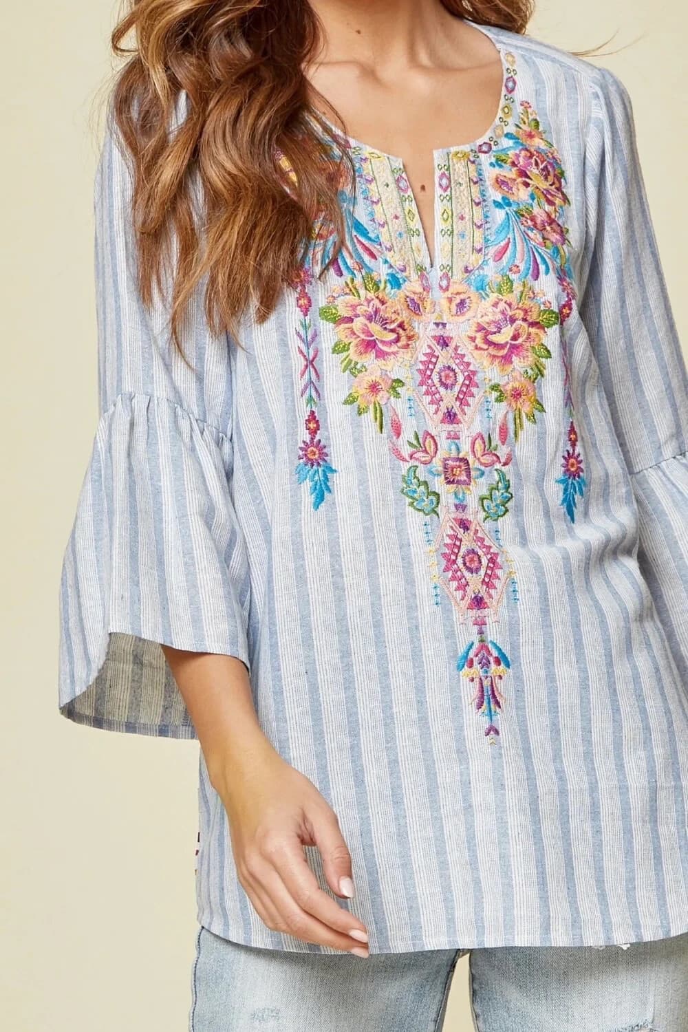 EUC Savanna Jane Embroidered Floral Stripe Popover Top 3/4 Bell Sleeve Blue Sz.S