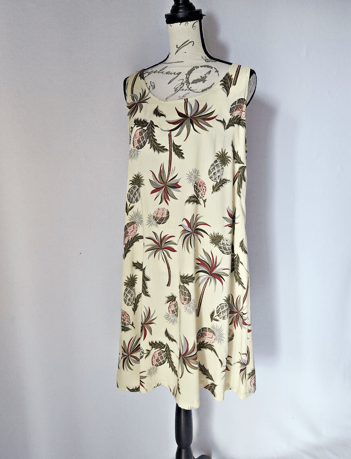 Vintage Reyn Spooner Hawaii Pineapple Palm Tree Shift Dress Sleeveless Cream M