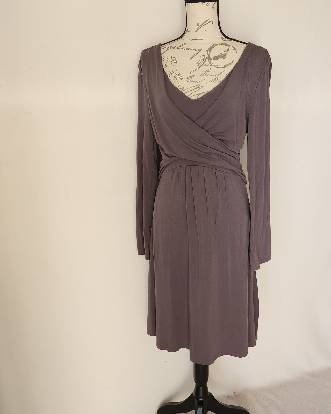 Garnet Hill Surplice Wrap Midi Dress Tie-Back Long Sleeve Knit Grey Women's L