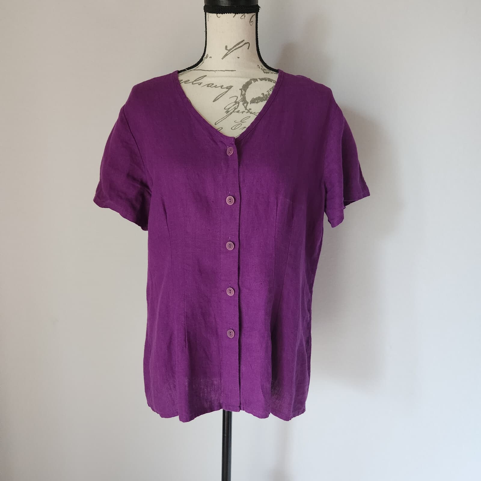 FLAX 100%Linen Button-Front Top Slim Fit V-Neck Short Sleeve Purple Bust 42" (L)