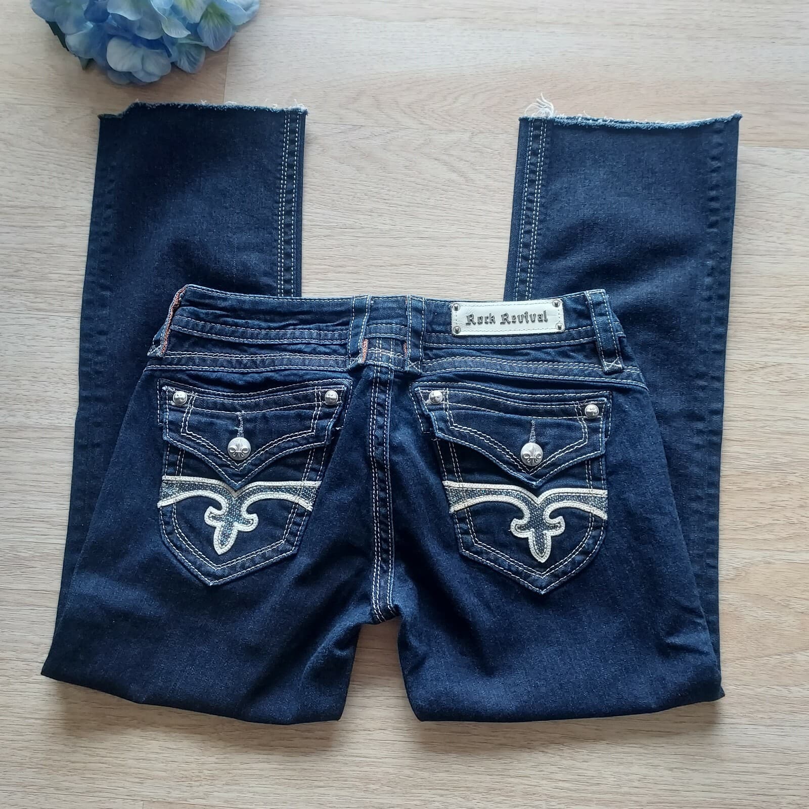 Rock Revival Heather Easy Straight Embellished Crop Jeans Raw Hem Blue Women 29
