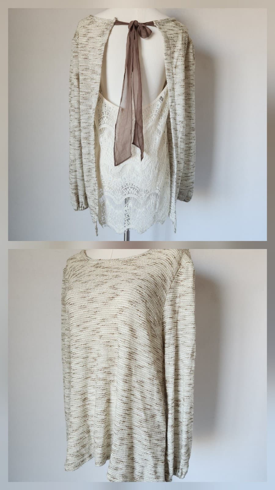 a'reve Knit Lace Tie-Back Tunic Top Long Sleeve Gold Metallic Beige Brown Sz.M