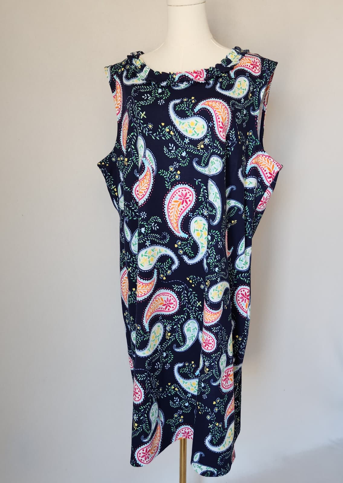 Talbots Pleat-Neck Paisley Tunic Shift Dress Sleeveless Cotton Knit Blue Sz.3X