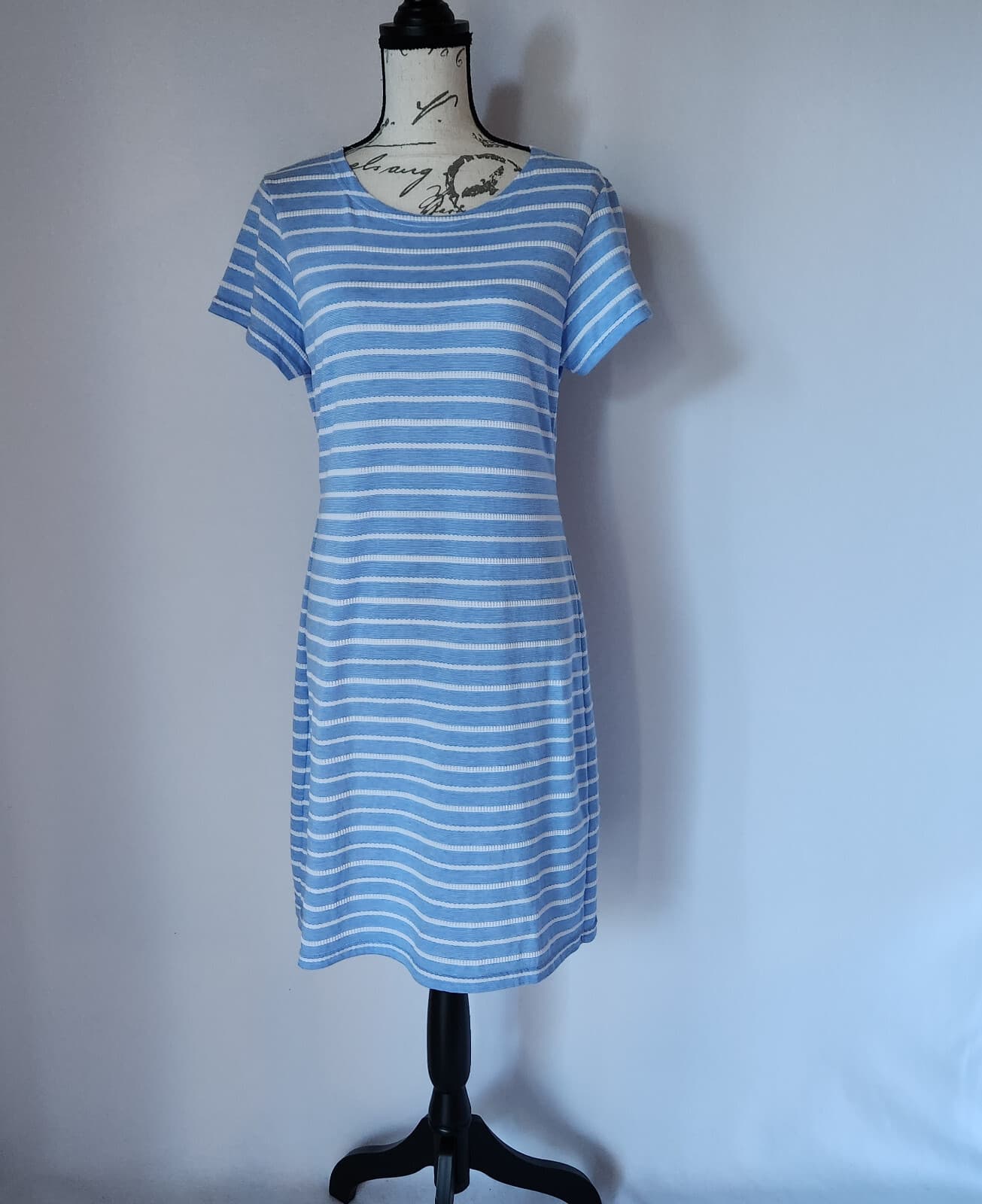 STS Sail to Sable Stripe Tunic Shift Dress Short Sleeve Blue White Women Sz.L
