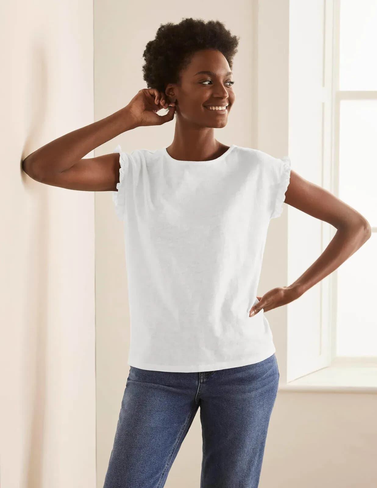 Boden Faye Ruffle Sleeve Jersey Tank Top Sleeveless Crew Neck White Chest 42"