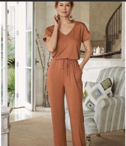 Soft Surroundings Roslyn Jumpsuit Short Sleeve V-Neck TieWaist Orange Brown Sz.M