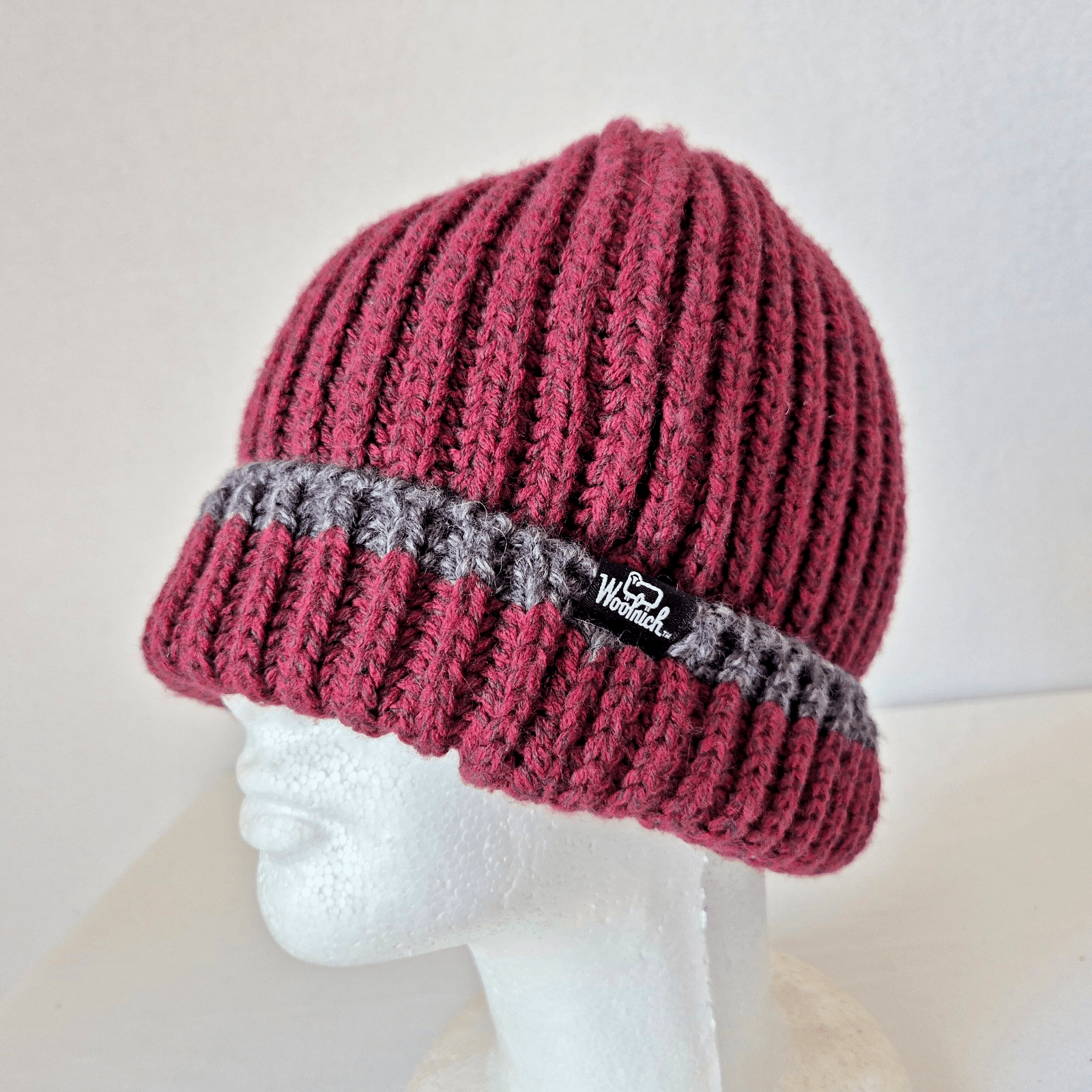 Woolrich Wool Blend Ribbed Knit Fold Cuff Winter Beanie Red Grey Unisex One Size