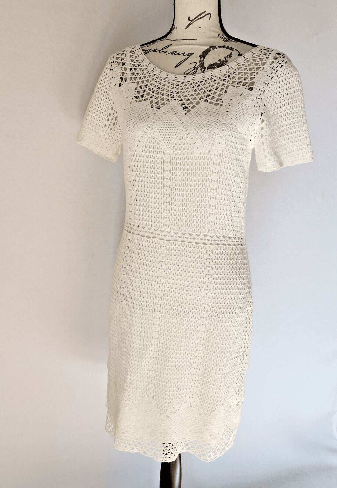 Lauren Ralph Lauren White Cotton Crochet Sheath Dress Lined Short Sleeve Sz.M