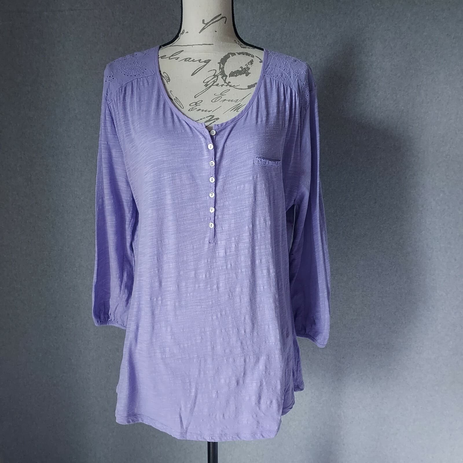 ARIAT Knit-Lace Tunic Top 3/4 Sleeve 1/4 Button Purple Cotton Blend Women XL
