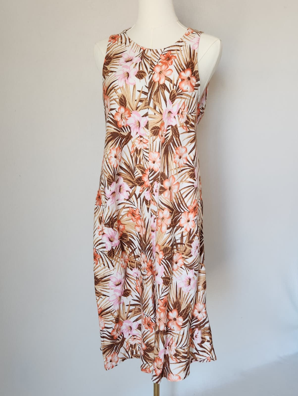 Lands' End Linen Tropical Floral Resort Dress Sleeveless Pocket Multicolor Sz.M