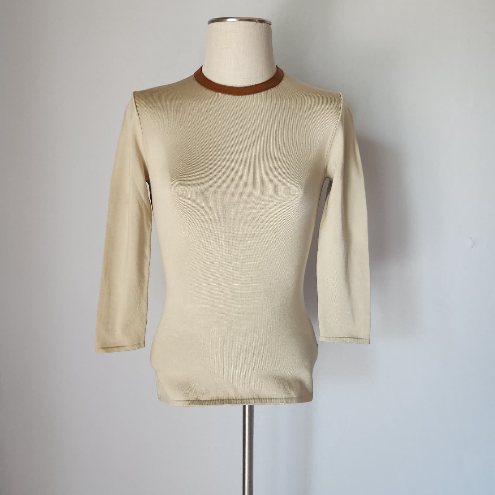 Ralph Lauren Black Label Silk Leather Trim Top Crew-Neck 3/4 Sleeve Beige Sz.S