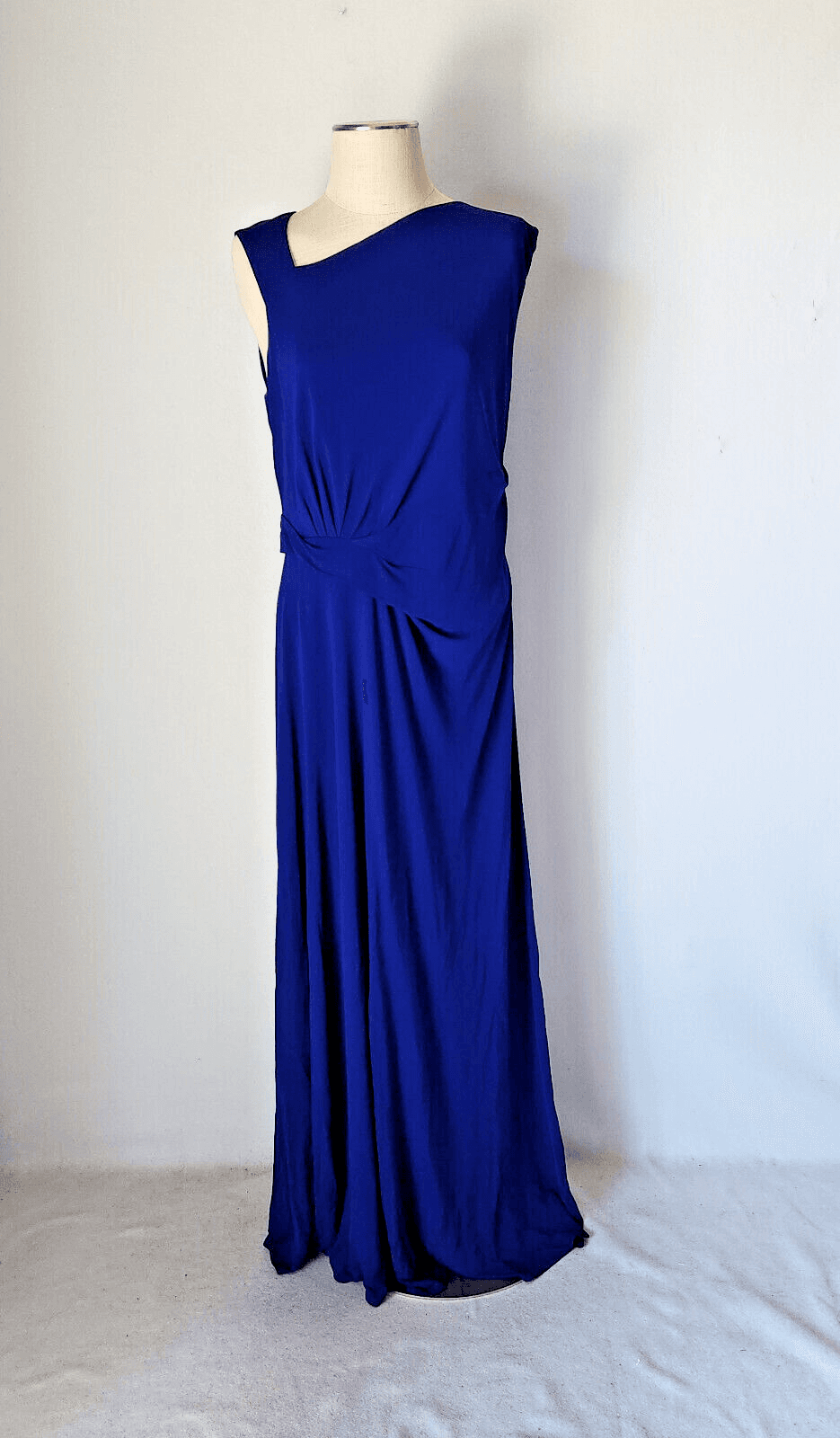 ST. JOHN Asymmetrical Ruched Maxi Evening Dress Sleeveless Jersey Blue Sz.12