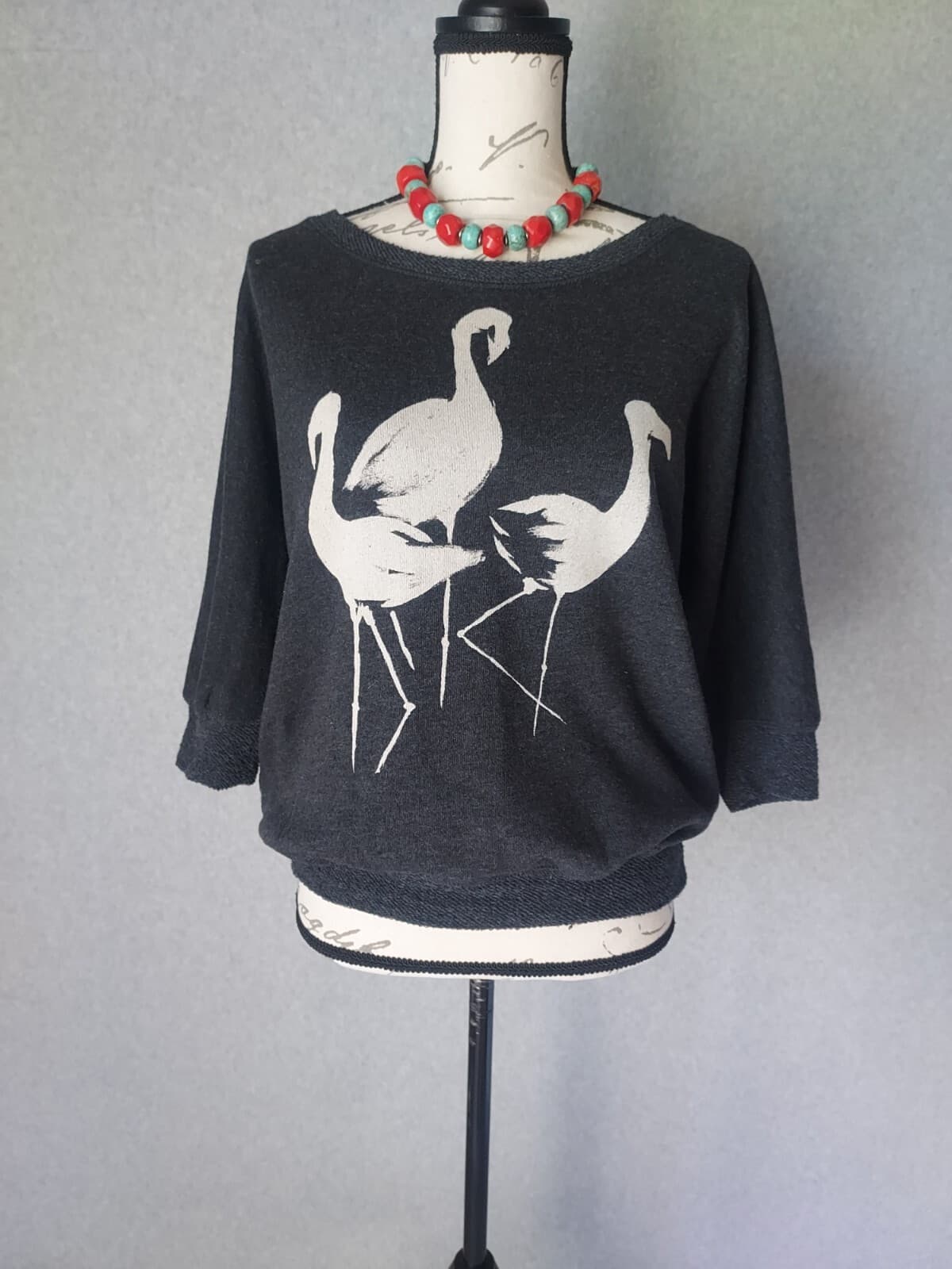 Billabong Designer's Closet Bird Terry Knit Top 3/4 Sleeve Black Grey Women M