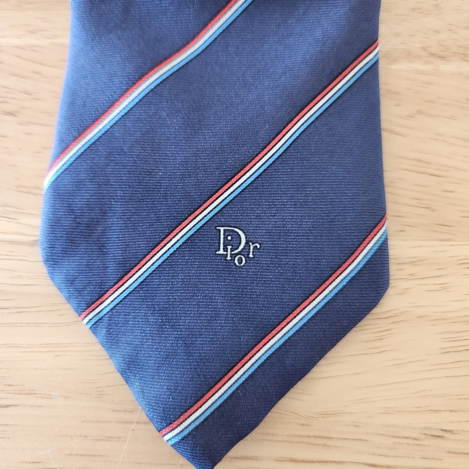 Vintage Christian Dior Silk Signature Logo Blue Red White Stripe Neck-Tie 56"x3"