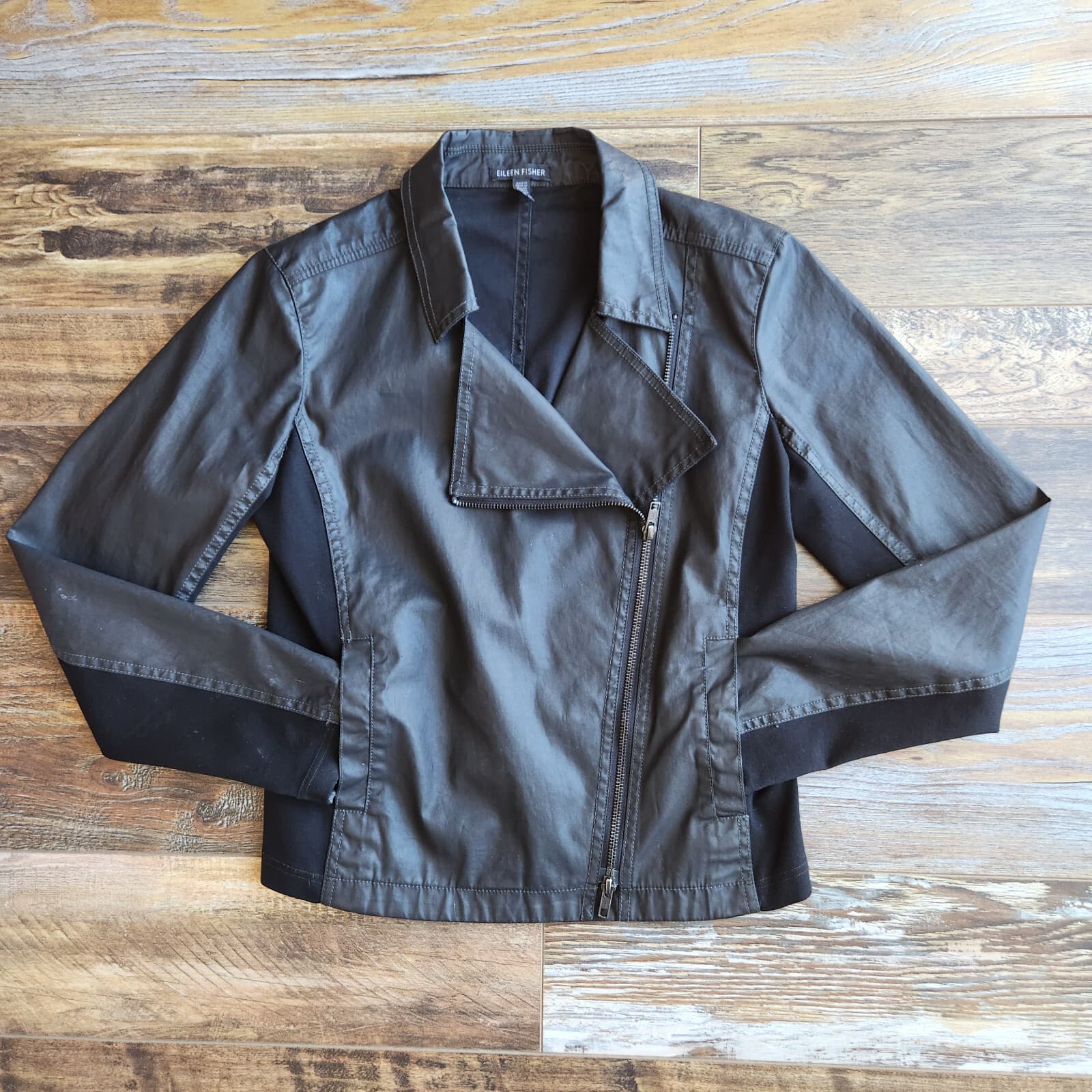 EILEEN FISHER Moto Jacket Asymmetrical-Zip Coated Cotton Resins Stretch Black XS
