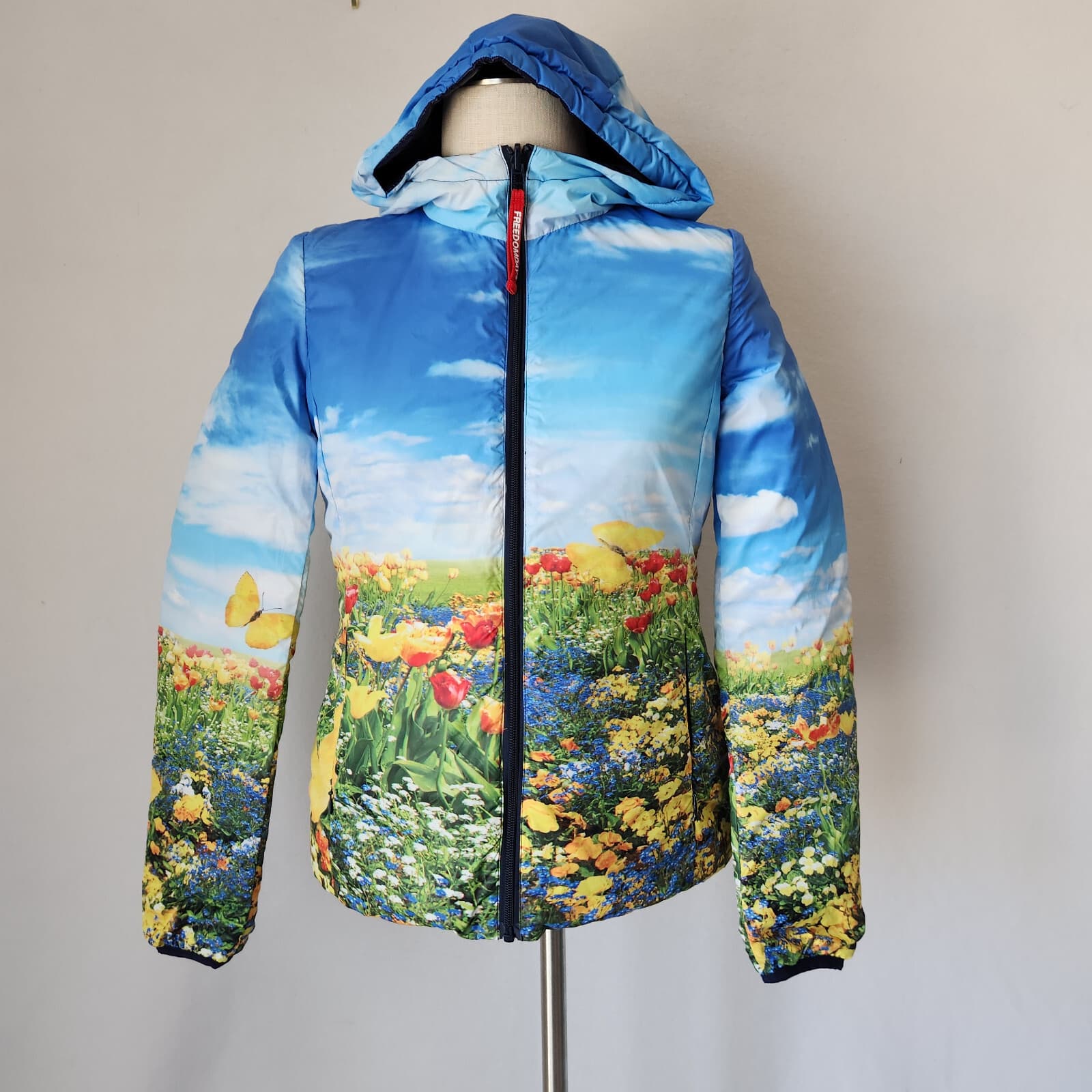 FREEDOMDAY Jane Puffer Hooded Reversibel Jacket Zip-Up Floral Solid Blue Girl 16