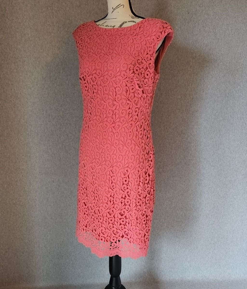 Lauren Ralph Lauren Pink Lace Sheath Dress Cap-Sleeve Zip 100% Cotton Women 10