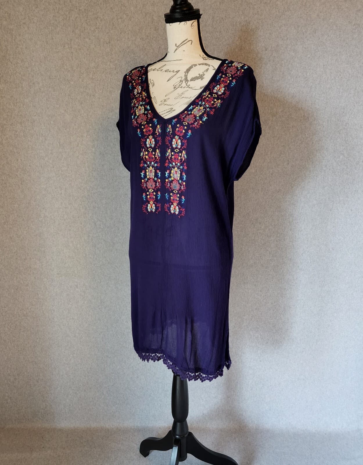 Sundance Dawn-Kissed Embroidered Gauze Tunic Top Midi Dress Purple-Blue-ish Sz.S