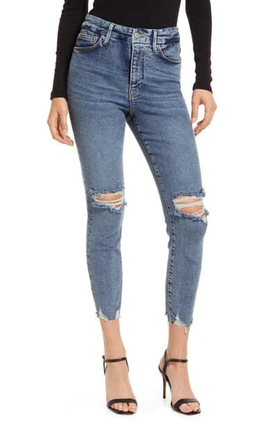 Good American Good Waist Chew Hem Cropped Jeans Zip Stretch Blue799 Women's 28