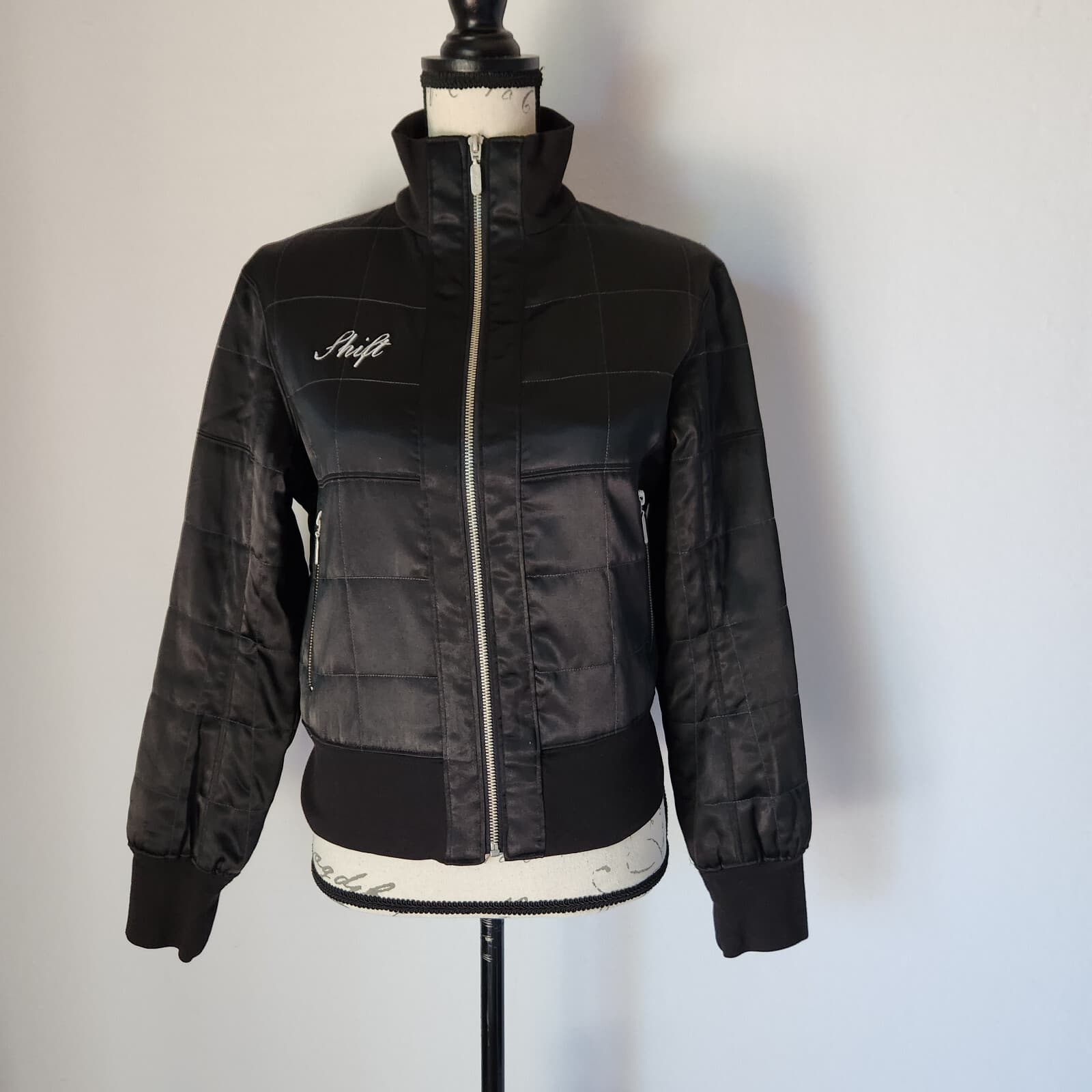 Shift Quilted Puffer Bomber Motorcycle Jacket Zip-Up Pocket Black Women's M