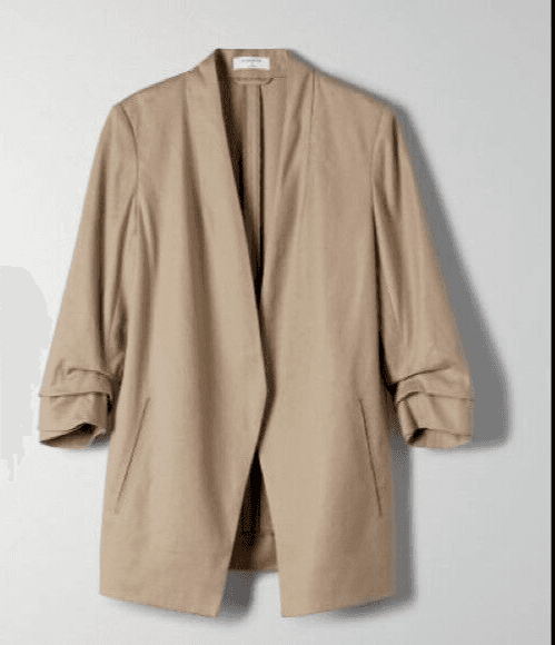 BABATON Aritzia Power Linen Blazer Jacket Open Front Ruched Sleeve Brown Sz.10